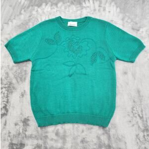 Vintage Devon Sweater Womens S Green Crew Neck Short Sleeve Pullover Lightweight